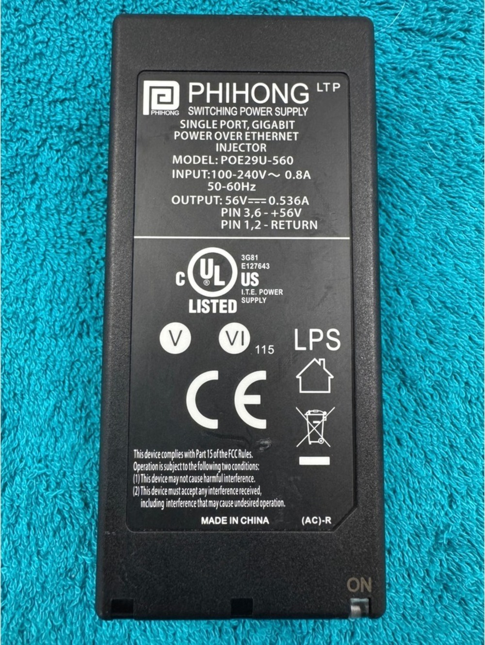 Phihong POE29U-560 Gigabit PoE Injector 56V 0.536A Power Supply Black